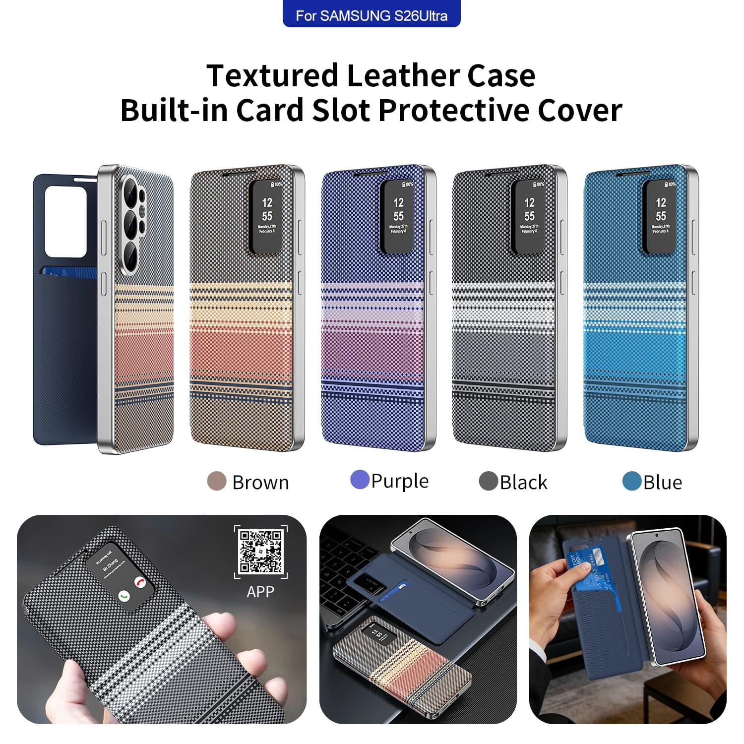 For Samsung Galaxy S26, S25, S24, S23 S22 Ultra Flip Smart Window Display with Card Slot Bracket APP Luxury Leather Phone Cover