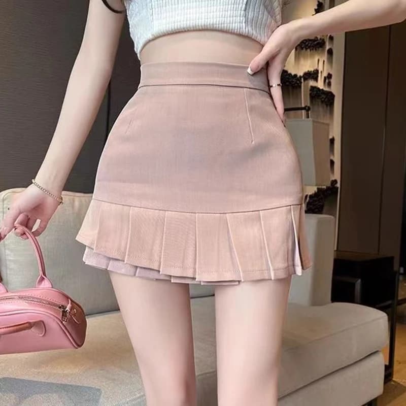 Minigonna plissettata coreana da donna, estiva, casual, stile Y2K, tinta unita, a vita alta, linea ad A, elegante, slim, con pantaloncini integrati.