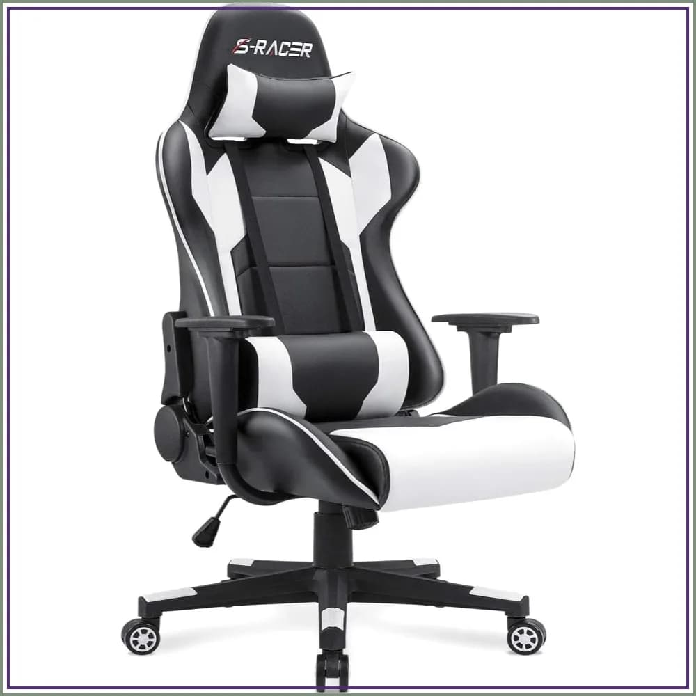 High Back Gaming Chair, Leather Office Desk Chair, Ergonomic Racing Style, Adjustable Swivel with Headrest & Lumbar Support, White