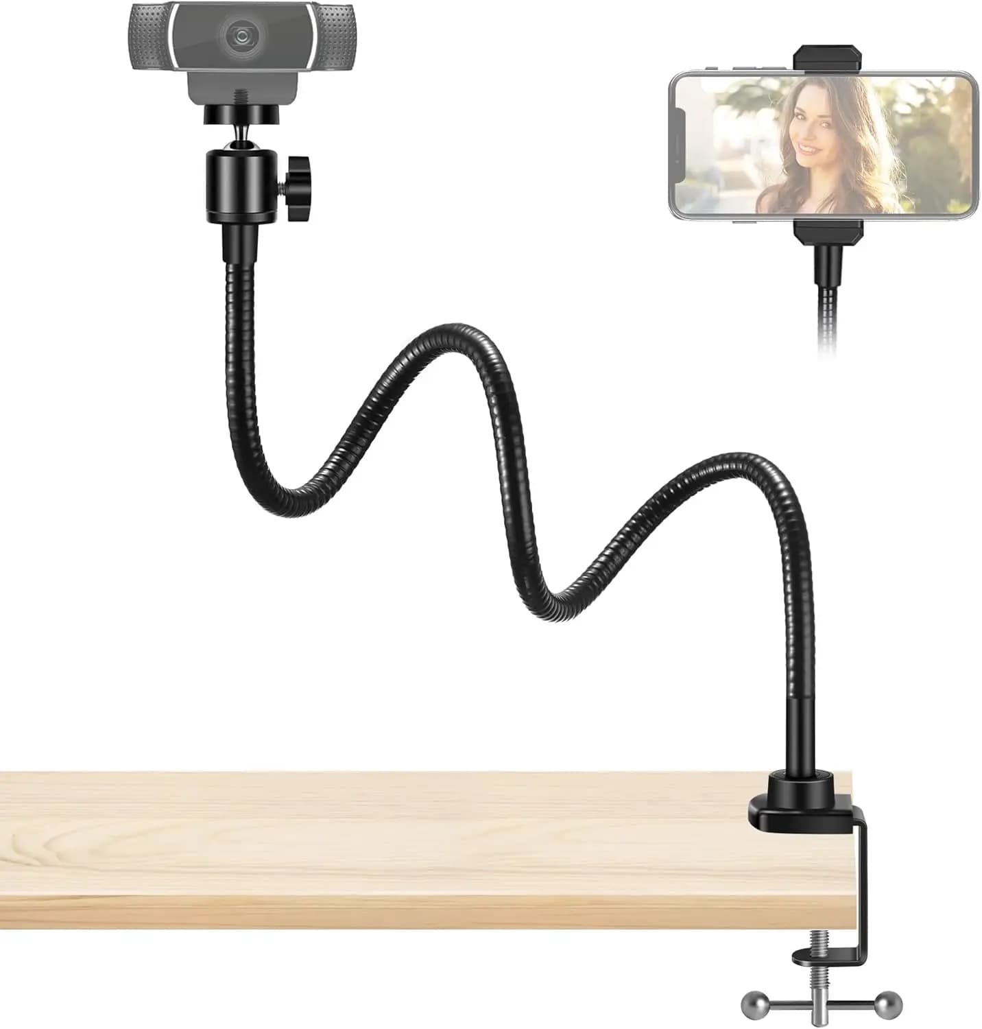 Supporto Regolabile per Webcam con Supporto per Telefono, Braccio Flessibile da Scrivania per Fotocamere e GoPro, Filettatura da 1/4 di Pollice