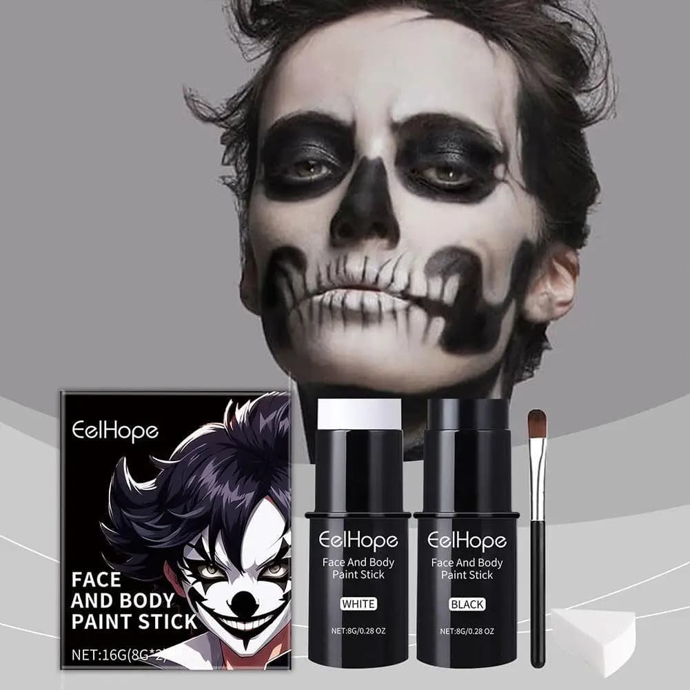 Kit di pittura per il corpo del viso in bianco e nero da 1 pezzo con pennelli Trucco duraturo per Halloween Set di accessori per il trucco divertente e festivo