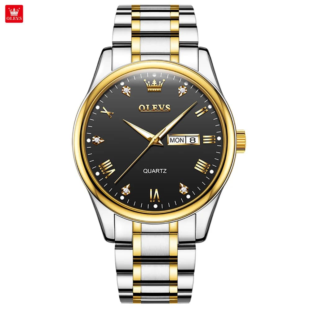 OLEVS 5563 Men's Quartz Watch, Day-Date Stainless Steel Two Tone Stainless Steel Bracelet Wrist Watch Light Waterproof