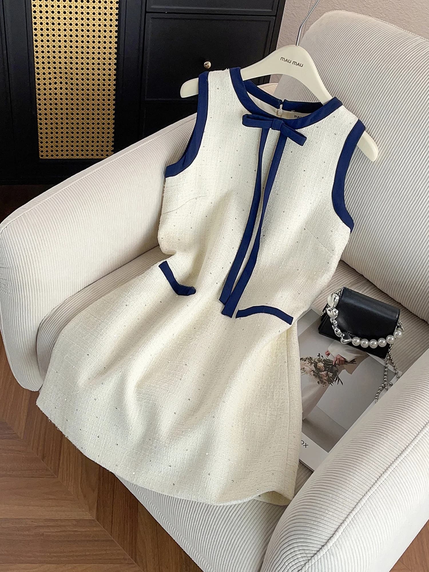 Elegante Abito Estivo Nuovo Stile alla Moda con Scollo Rotondo, Design con Nodo e Vita Alta, Gonna a Trapezio per Donna