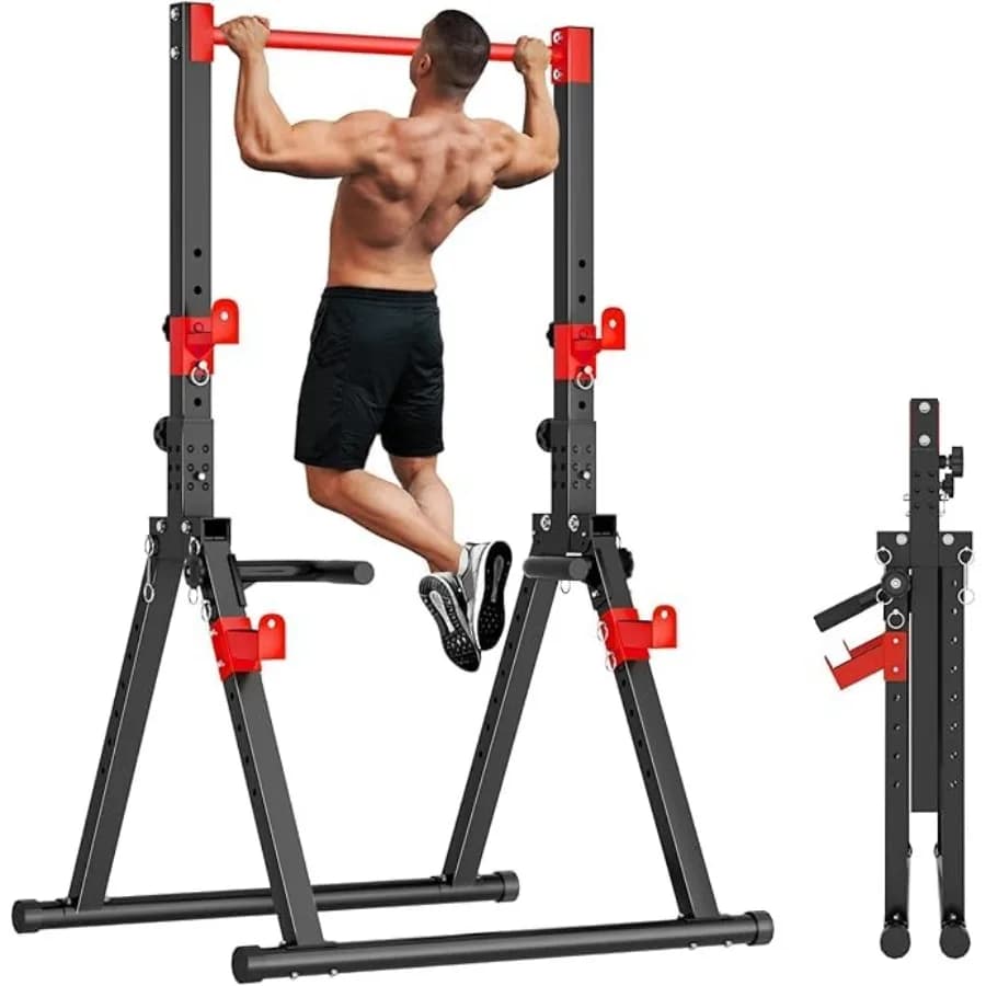 Stazione multifunzione pieghevole per trazioni e dip con barra regolabile, telaio in acciaio, finitura nera, design triangolare per home gym