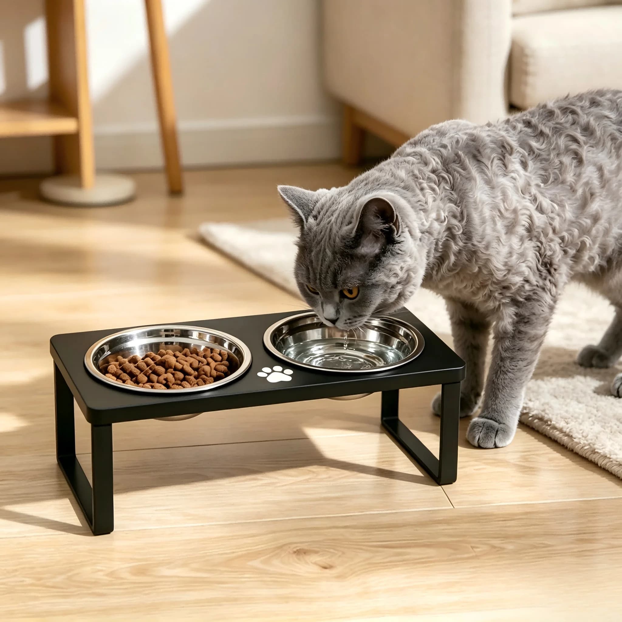 Stainless Steel Double Pet Bowls Raised Feeder Stand Food Water Dining Dish for Kittens Puppies Small Indoor Household Pets