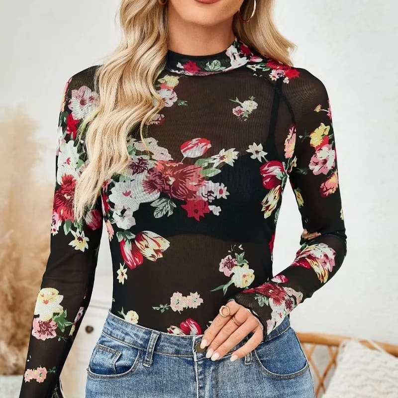 Floral Lace Mesh High Neck Long Sleeve Top Women Sheer Elegant Slim Fit Pullover Tee S-XXL