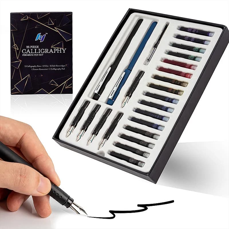Set di penne per calligrafia da 25 pezzi, 2 penne stilografiche, 5 pennini, 16 cartucce d'inchiostro per arte, carattere di fiori gotici, disegno di schizzi in inglese
