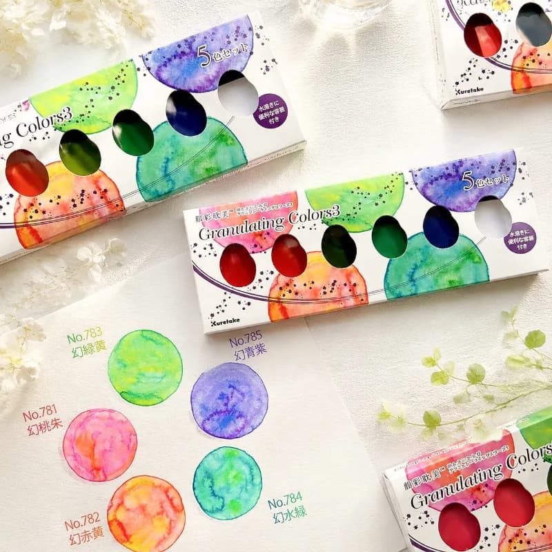 Original Kuretake Gansai Tambi Granulating Colors 3，Solid Watercolor Paint Set 5 Colors Artist Calligraphy Drawing Art Supplies