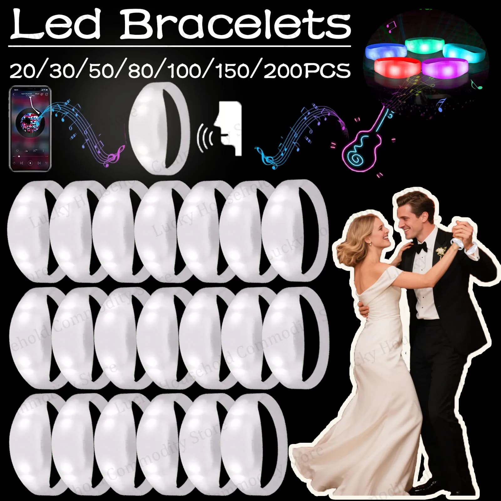 20-200 Pieces LED Bracelets Enabled by Music and Sound, Fluorescent Luminous Bracelets, Ritmic Luminous Accessories for Weddings and Celebrations