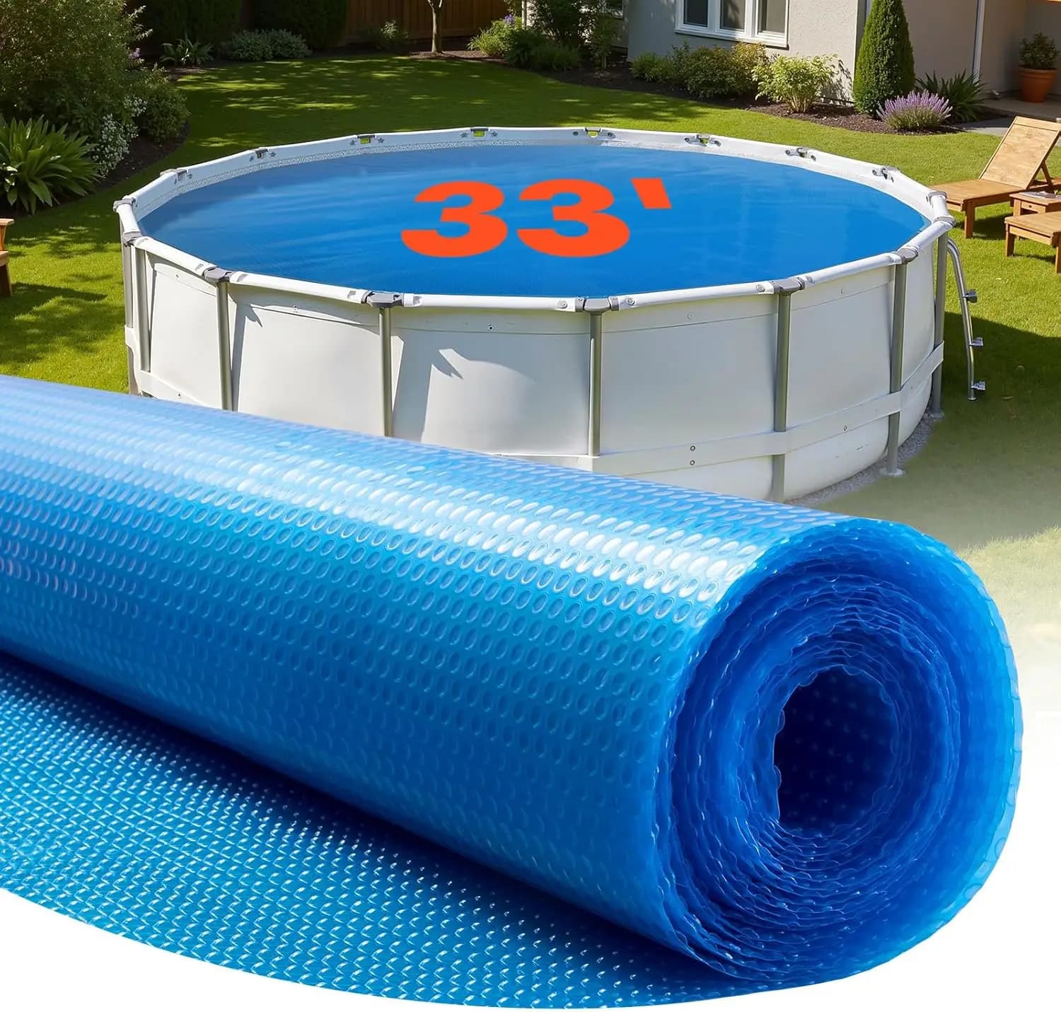 Copertura Solare per Piscina, Telo Solare Rotondo da 33 Piedi con Bolle, Coperta Solare per Piscine da 8 Mil in Materiale PE e Bolle, Assorbimento del Calore Diurno