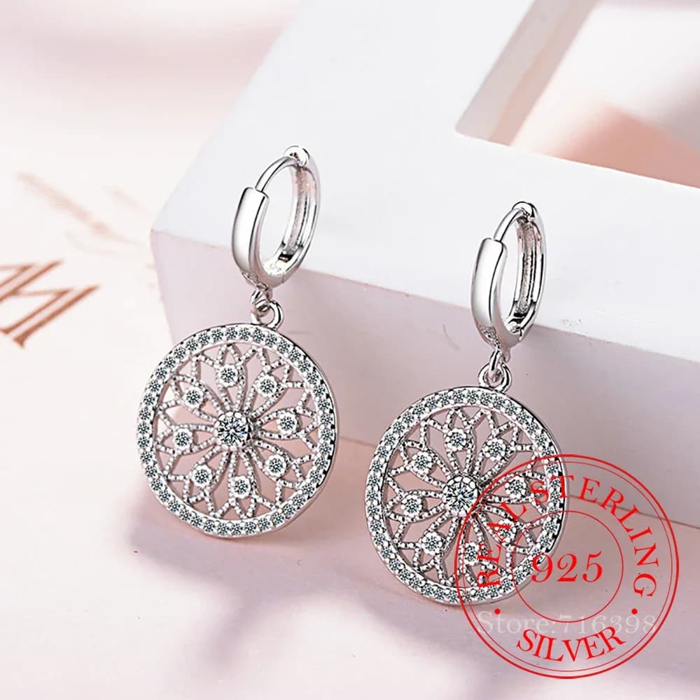 Vero argento sterling 925 gioielleria raffinata cristallo rotondo sogno netto ciondola orecchini pendenti per le donne gioielli festa di nozze regalo per ragazze