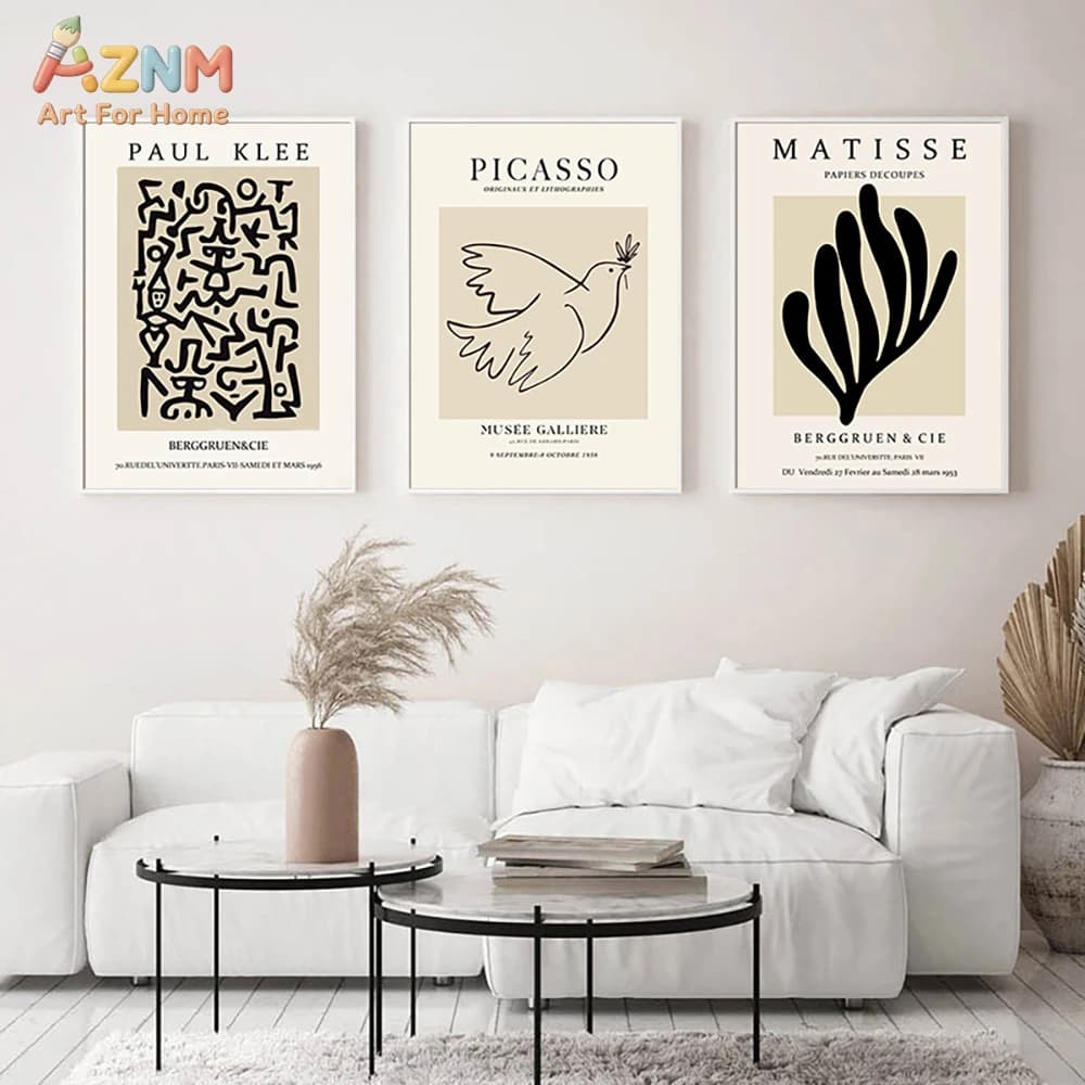 3PCS Matisse Picasso Paul Klee Exhibition Poster Canvas Wall Art Set Abstract Line Art Prints Posters Beige Black Neutral Tone U