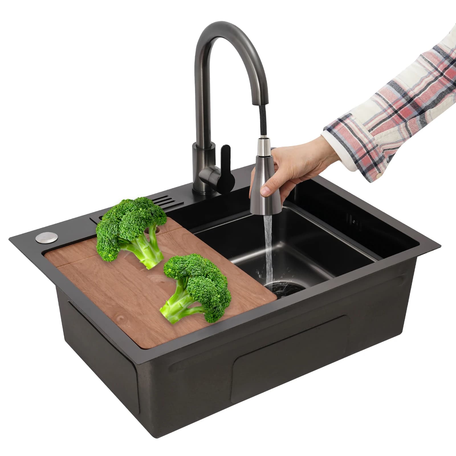 Lavello multiuso per lavanderia, lavello da cucina 60x45cm Nano Black, lavello in acciaio inossidabile con rubinetto estraibile, porta coltelli, grado 304, 3