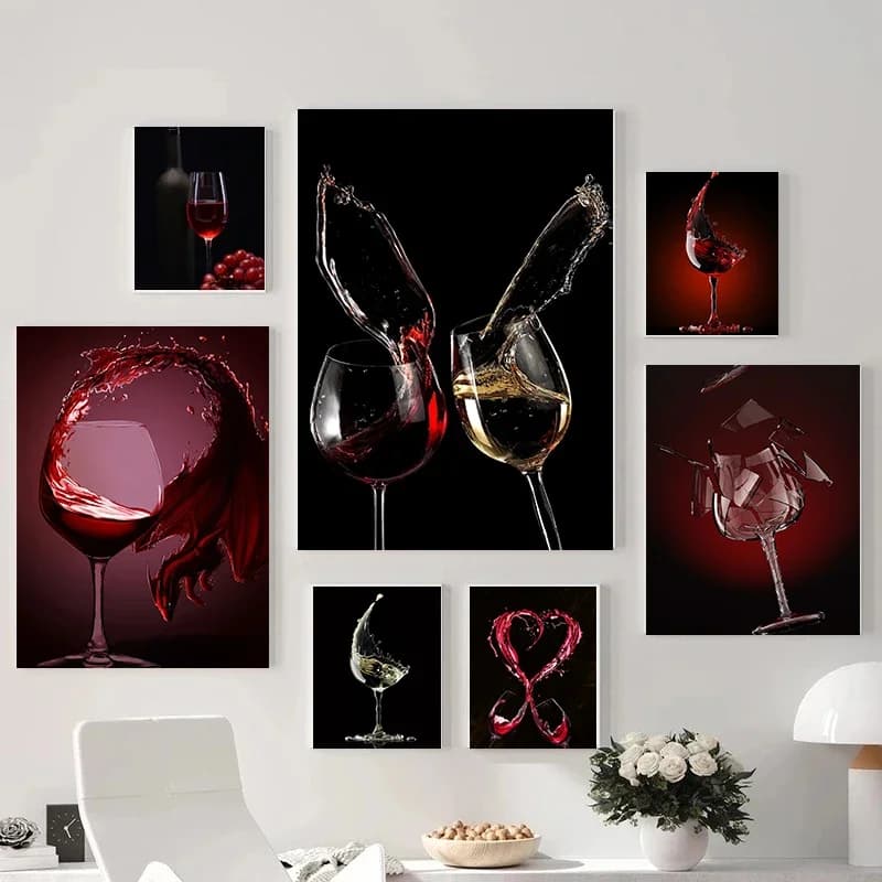 Poster Minimalisti su Tela con Bicchiere di Vino Rosso, Stampe Artistiche Moderne, Quadri su Tela, Decorazioni da Parete alla Moda per Casa e Stanza