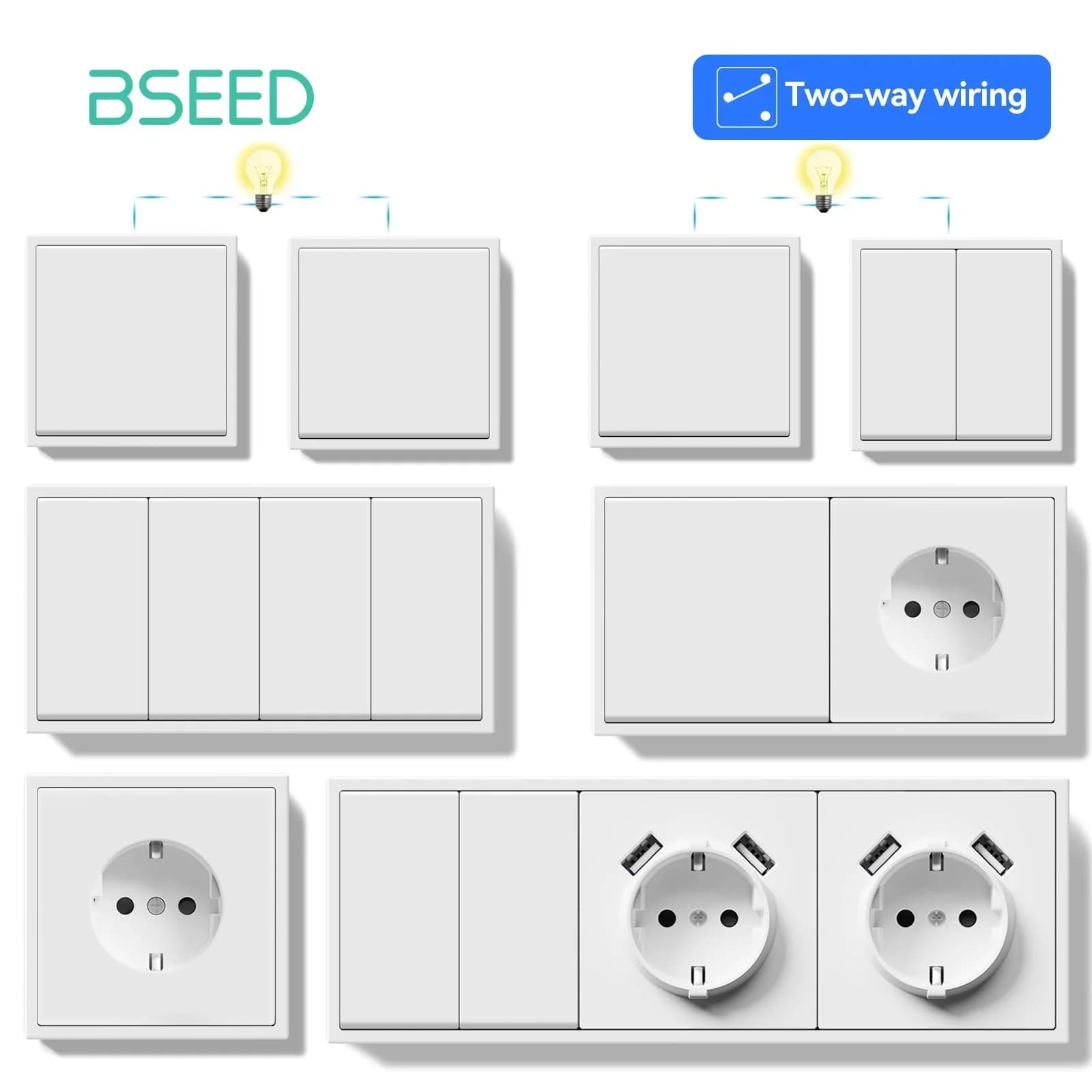 BSEED Interruttore per scale a pulsante grande Interruttori per luce da parete a 2 vie Porta di ricarica per telefono USB Alimentazione a parete Prese UE Spina in plastica bianca Serie E