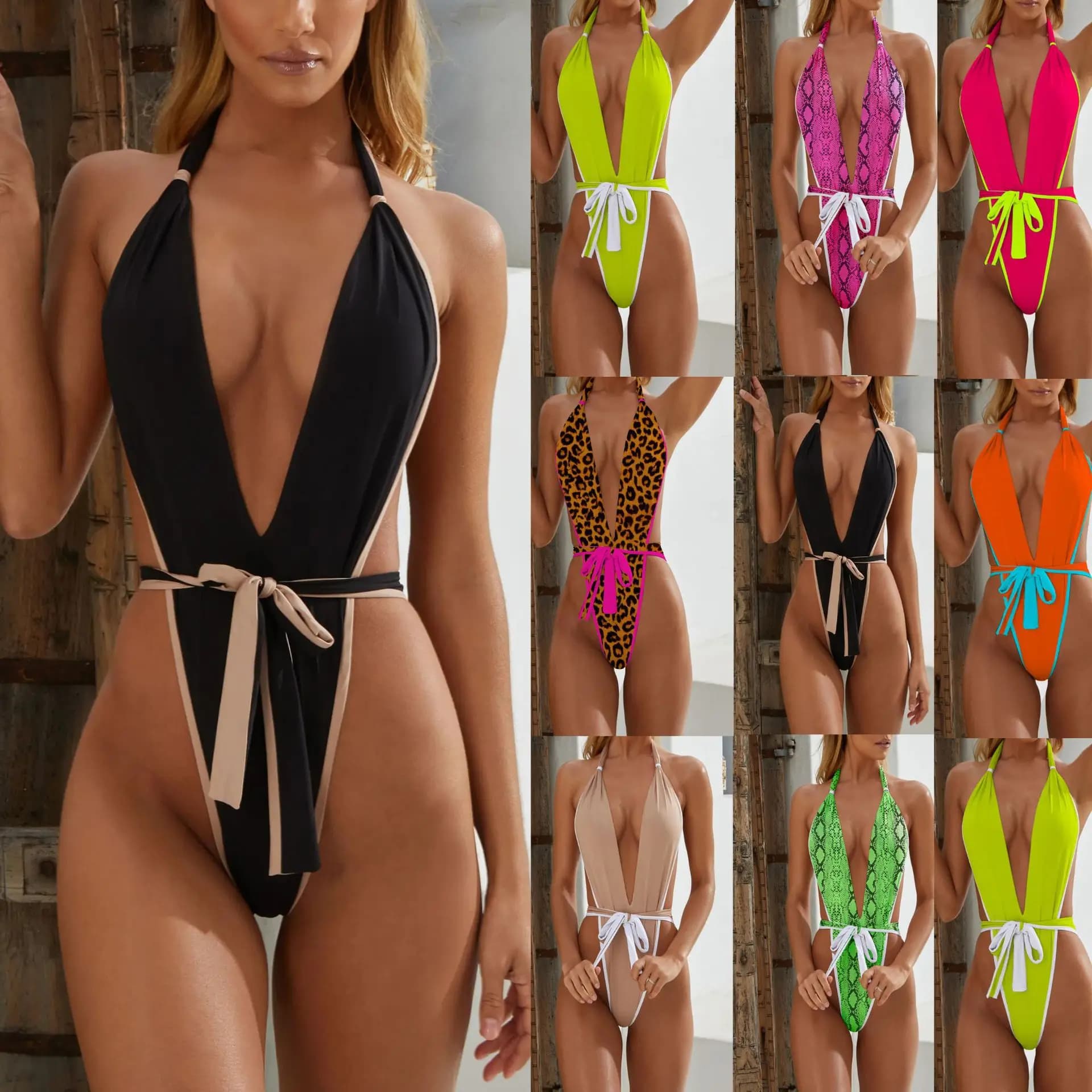 Costume da bagno sexy bikini 2025 donna scava fuori costume da bagno intero senza schienale con stampa leopardata nera perizoma costume da bagno con cravatta anteriore