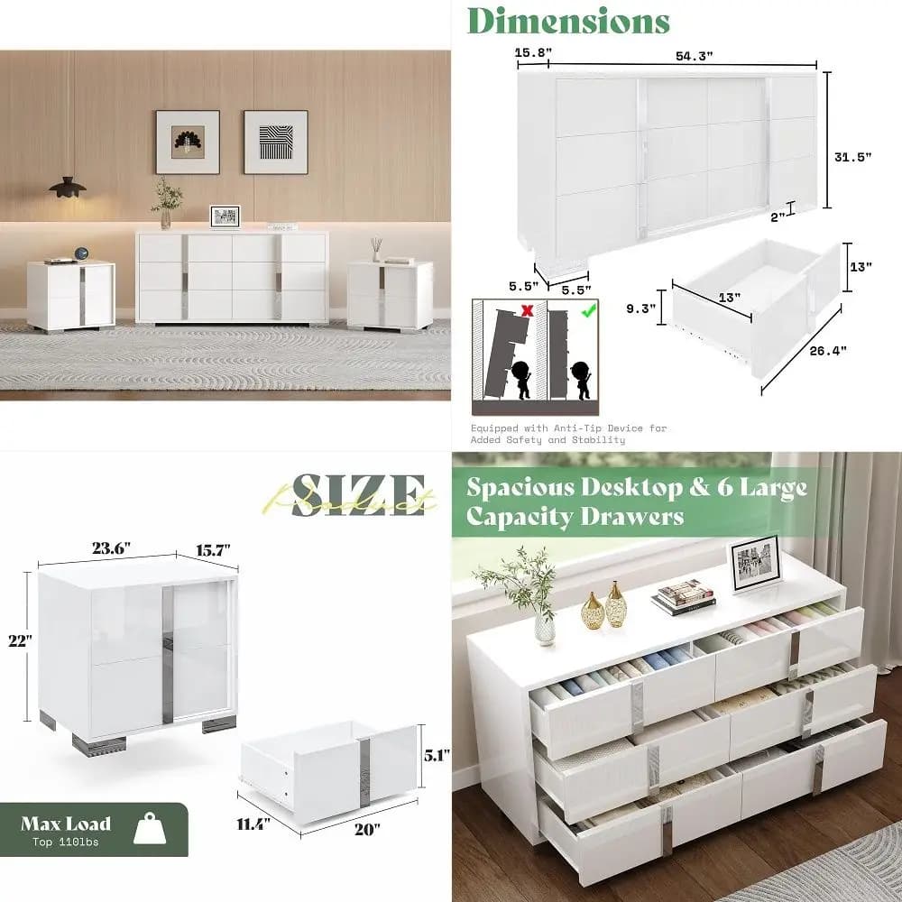 3 Piece Bedroom Set, Two 23.6 Nightstands amp 6Drawer Dresser, Silent Glide Drawers amp Metal Handles, Modern High Gloss UV Fin