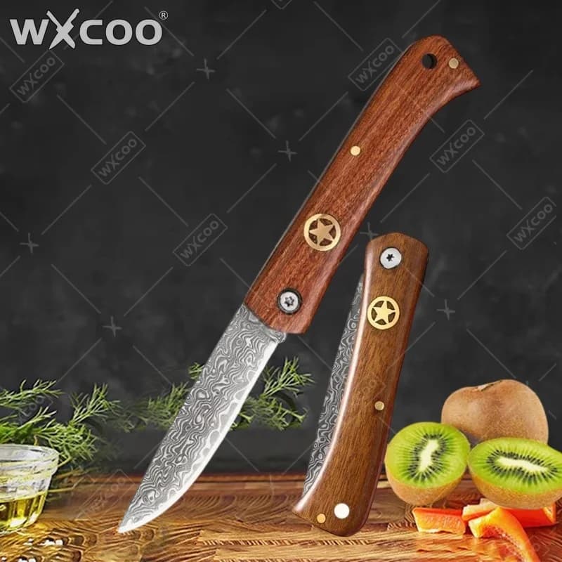 Coltello da Macellaio WXCOO con Motivo Damascato, Manico in Legno, Coltello da Cucina Pieghevole Durevole per Frutta e Carne