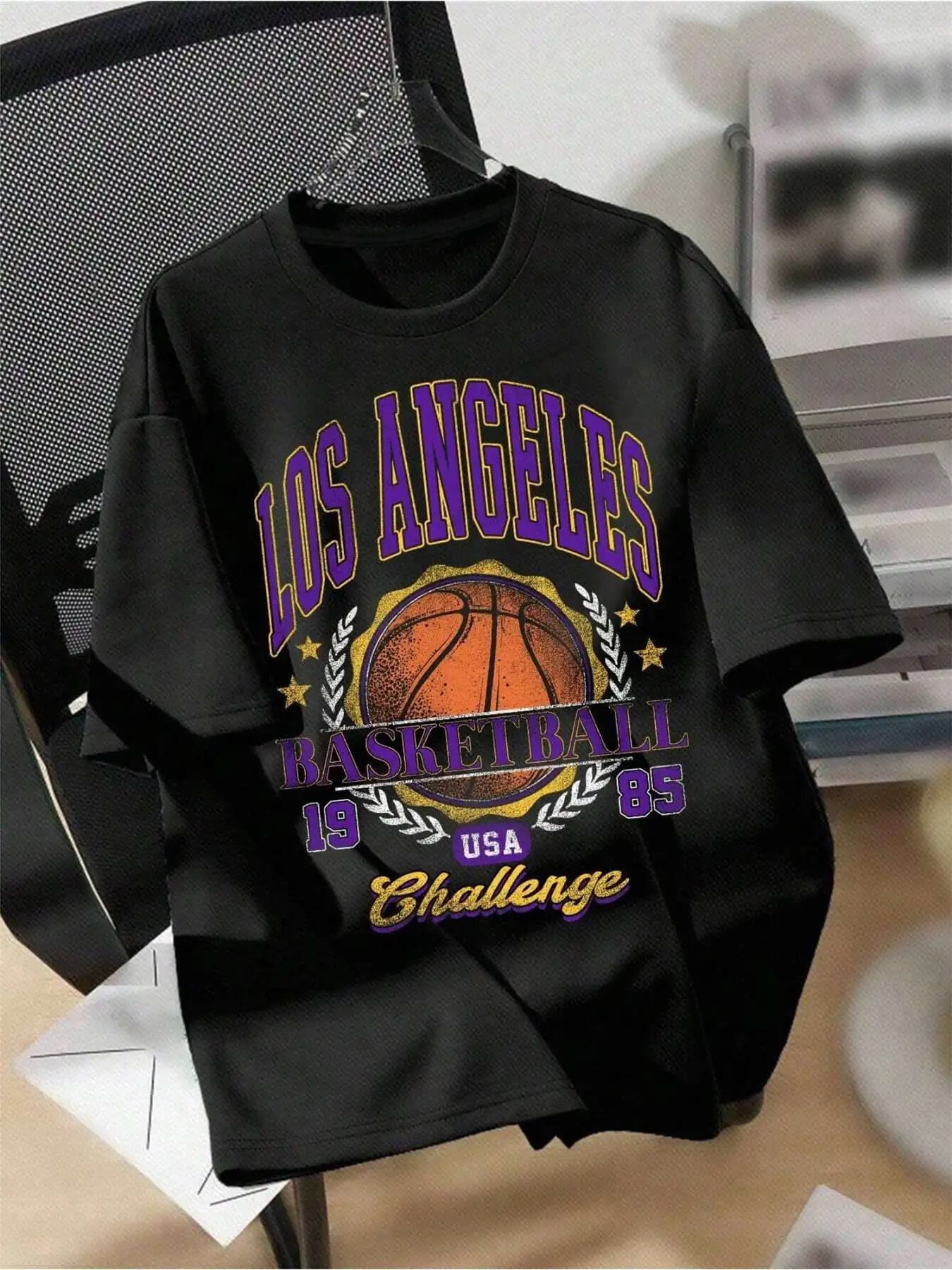 T-shirt da basket Los Angeles - 100% cotone, design viola/arancione/nero, regalo per tifosi sportivi unisex