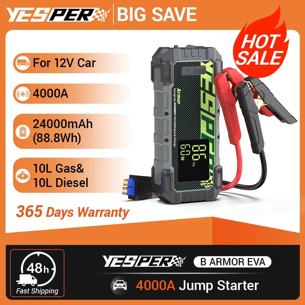 YESPER Emergency Starter for Car 4000A 12V 24000mAh Portable with Quick Charging PD 100W and 3 Mode Emergency Light