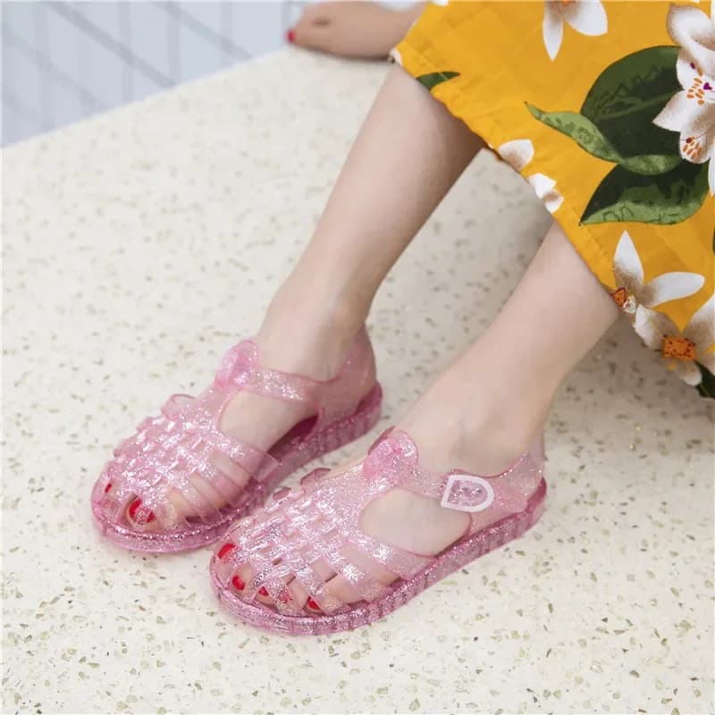 Summer Children Sequin Jelly Roman Princess Sandals Kids Open-Toe Breathable One-Strap Shoes Girls Soft Sole Velcro Beach Shoes