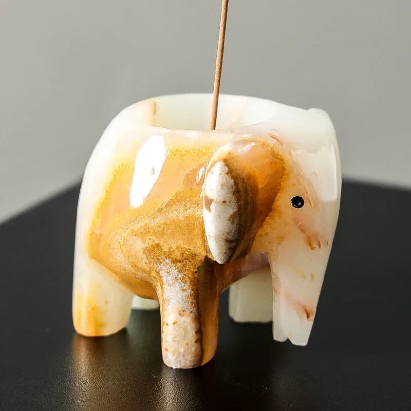 White Onyx Natural Marble Elephant Shape Incense Burner Vintage Ash Catcher Good Luck Elephant Incense Holder for Sticks