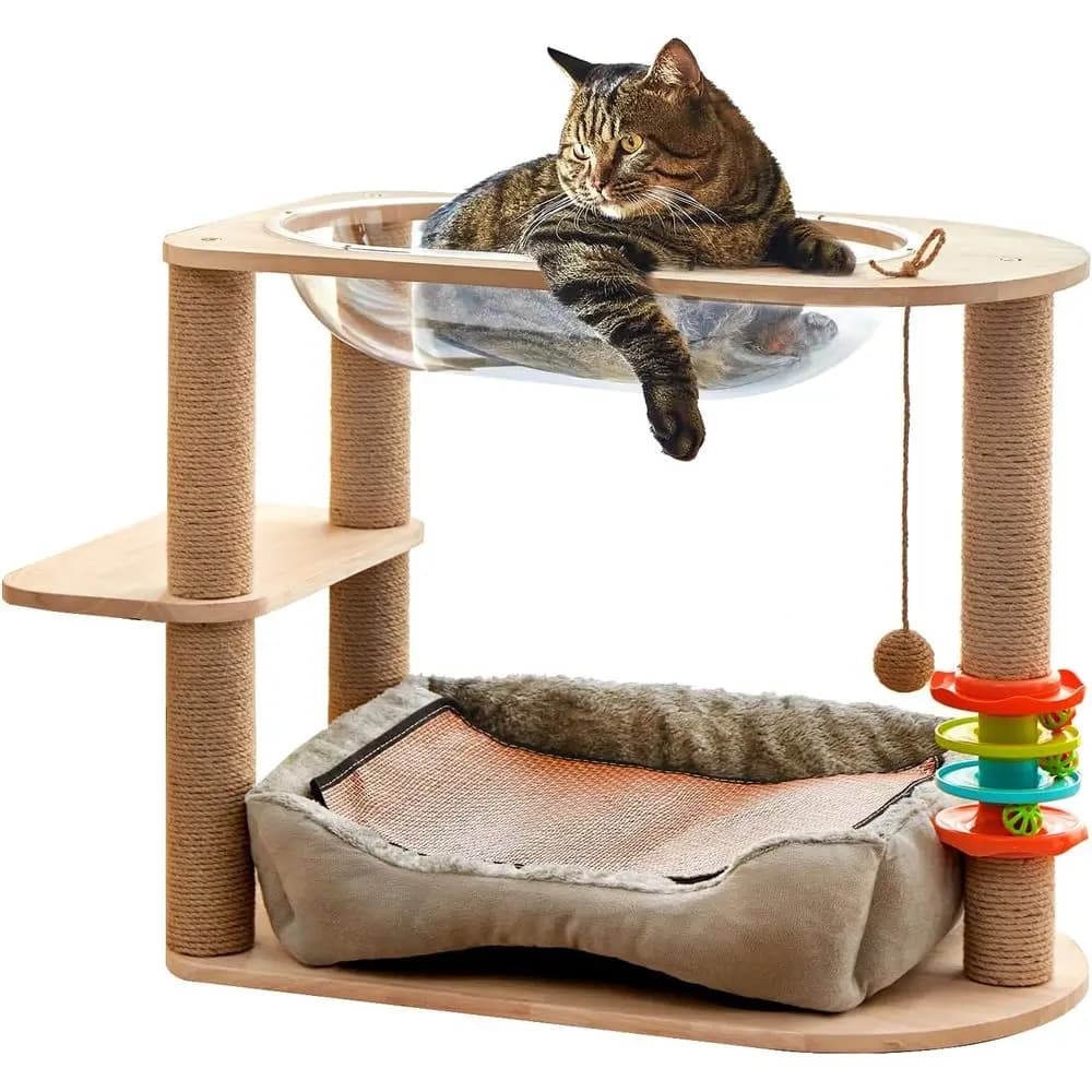 Torre per Gatti a 2 Livelli in Legno con Amaca, Tiragraffi in Sisal e Giocattoli Sospesi per Gatti Grandi e Gattini (Grigio)