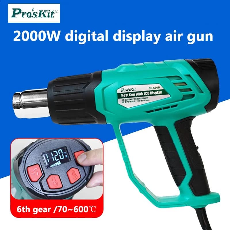 Pistola ad aria calda digitale Pro'skit SS-630G 2000W ad alta potenza, per termoretraibili, asciugacapelli, applicazione pellicole auto, utensile elettrico