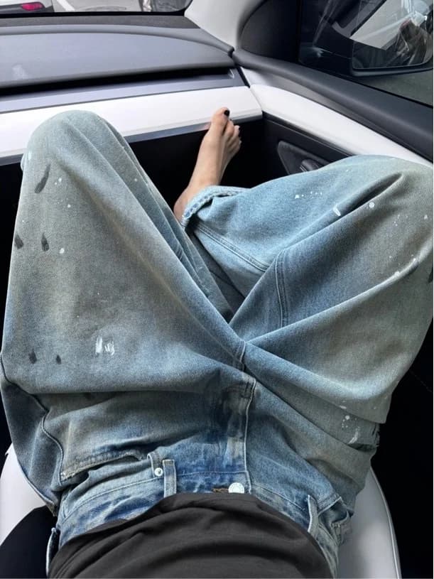 PEACHZHOU Jeans da Donna in Denim con Graffiti Effetto Schizzi, Lavaggio Vintage, Gamba Larga e Dritta, Design Casual, Pantaloni Lunghi