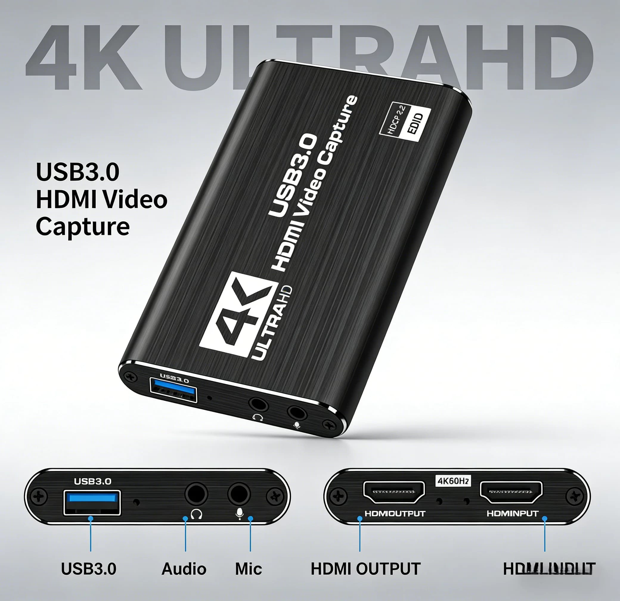 Scheda di acquisizione 4K HDMI a USB 3.0 con uscita HDMI Loop Out, audio microfonico, per streaming live di giochi e video, compatibile con Windows, Mac, Linux