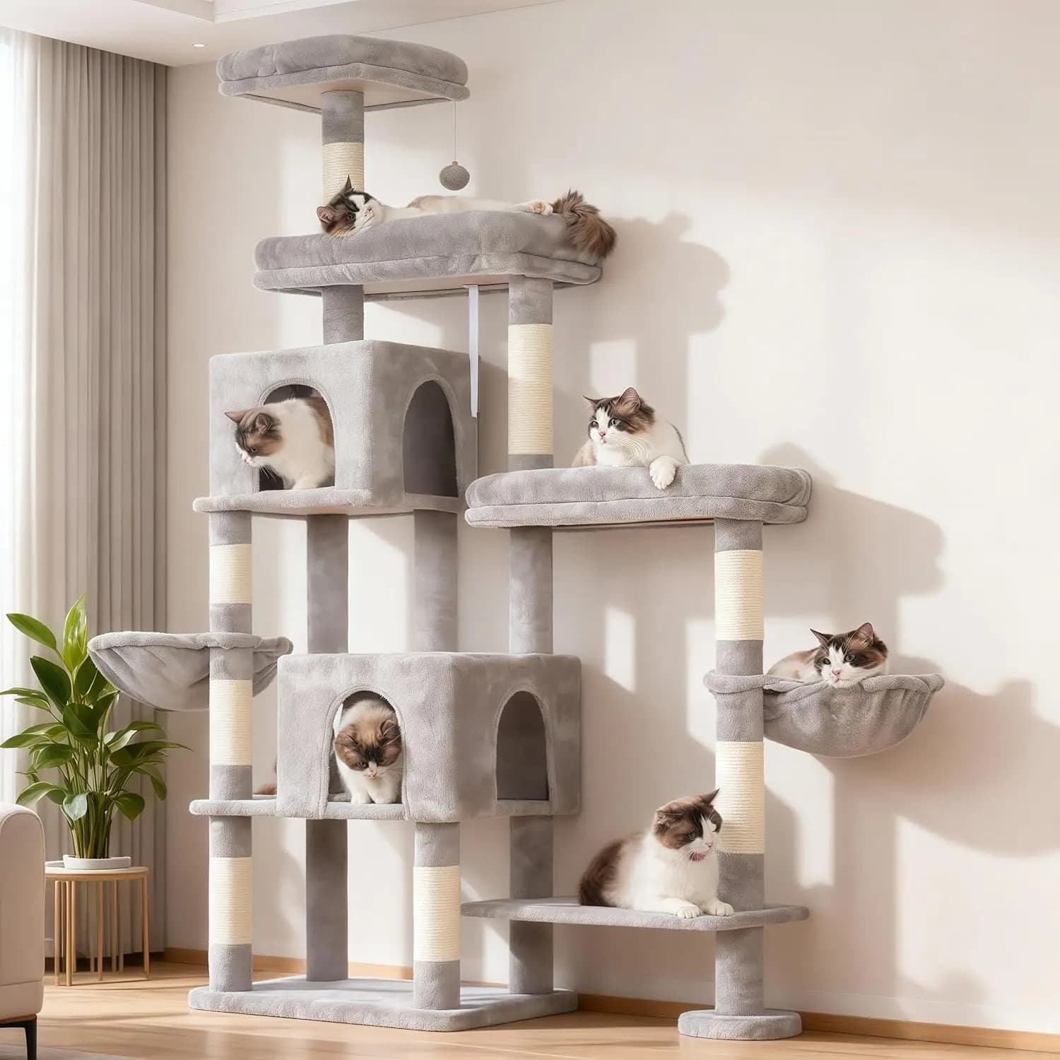 Torre per Gatti da 70,1 Pollici con Estensione Girevole, Letti Grandi, Cucce e Amache per Gatti da Interno in Grigio Chiaro