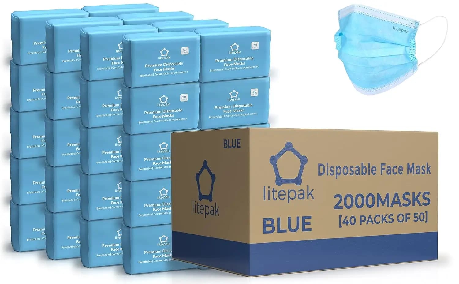 2000 Mascherine Monouso, Maschere Blu Traspiranti a 3 Strati per Adulti, 40 Confezioni da 50 Pezzi