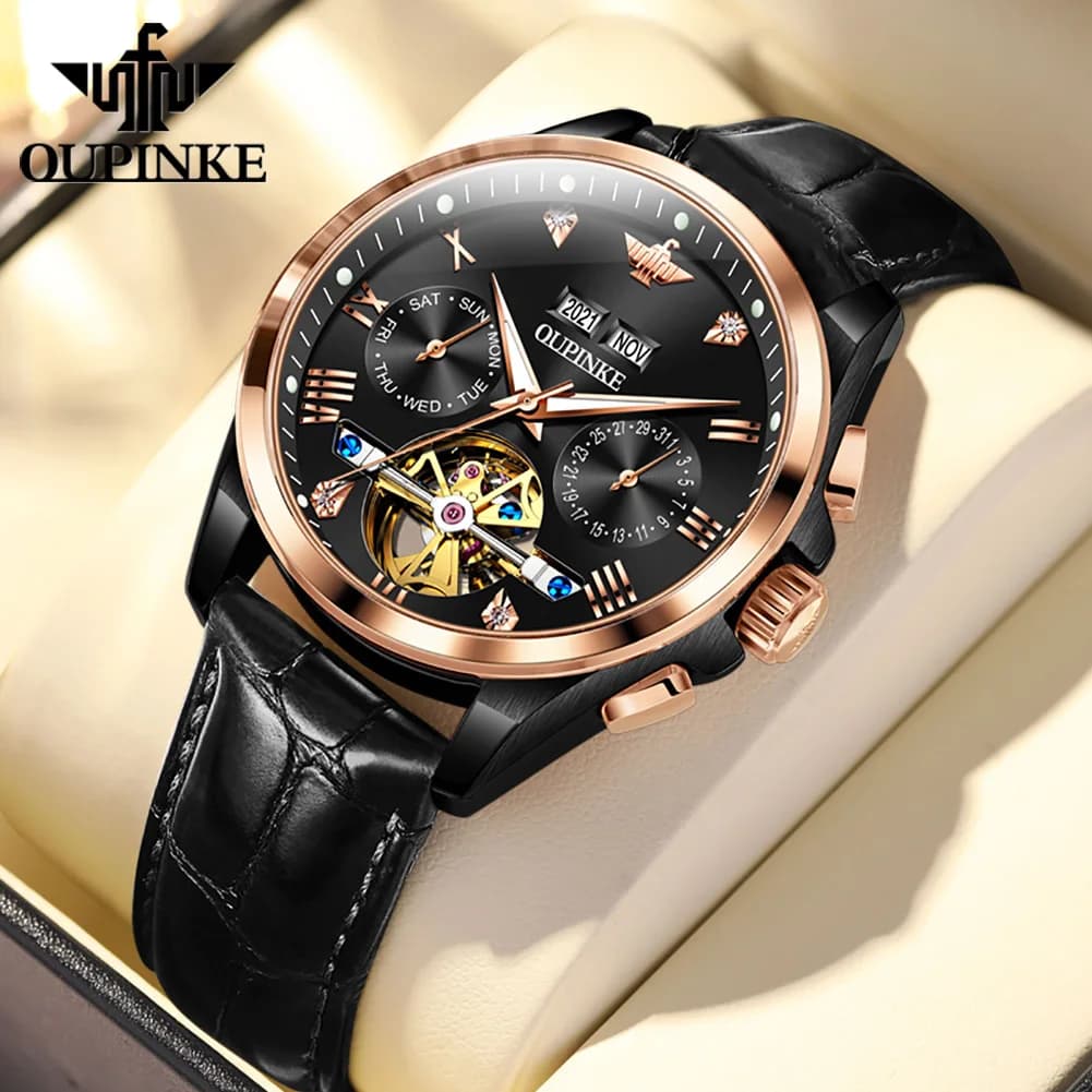 OUPINKE Orologi da uomo Casual Fashion Top Brand Orologio meccanico automatico originale per uomo Cinturino in pelle Movimento volano Data