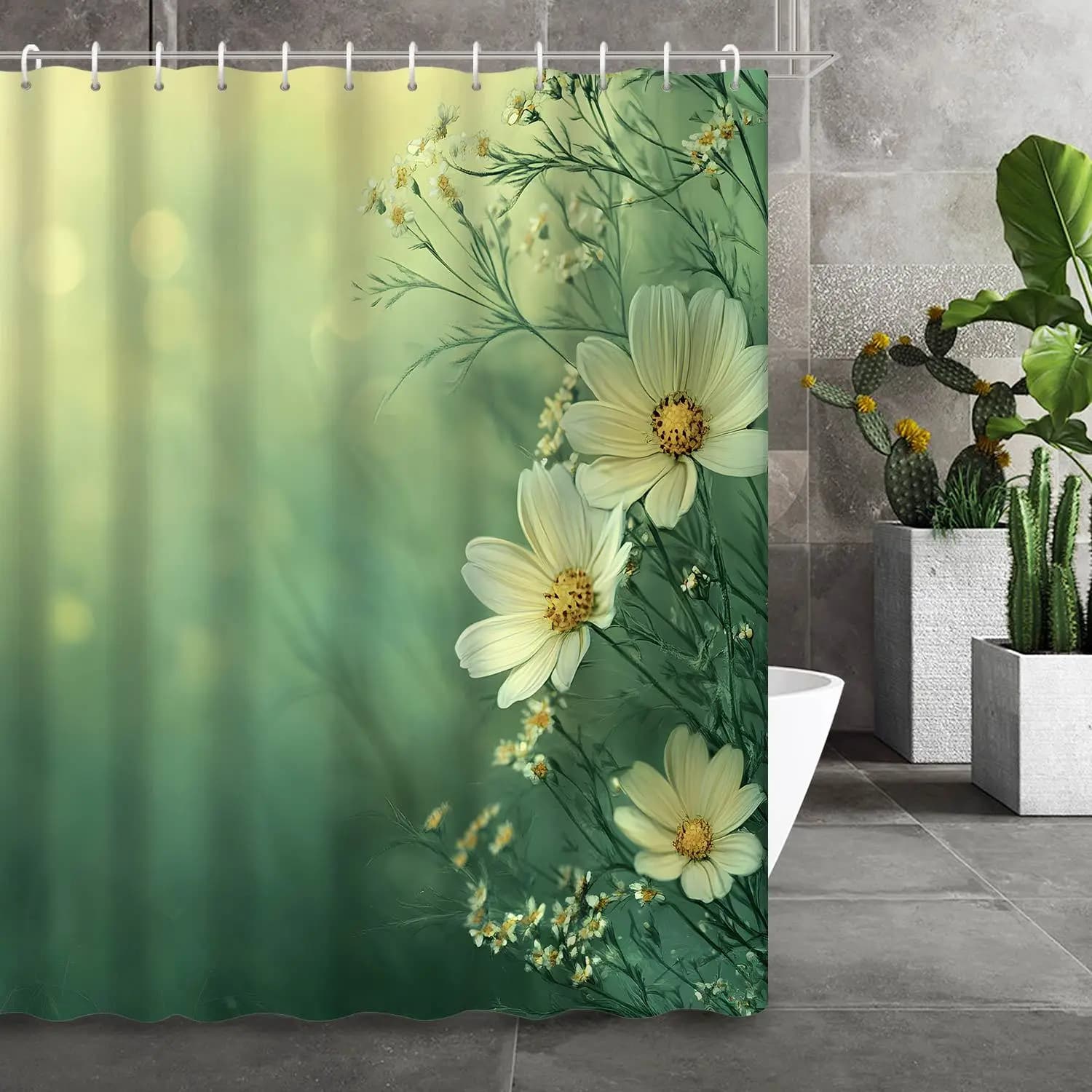 Tenda da doccia con stampa margherita verde primaverile, tessuto in poliestere, 12 ganci, accessori da bagno