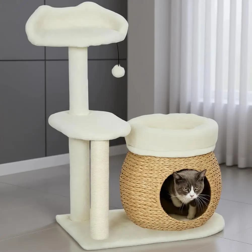 Albero per Gatti da Interno 31 con Tiragraffi in Sisal, Cuccia, Letti, Piattaforme e Palline Giocattolo, Bianco Crema