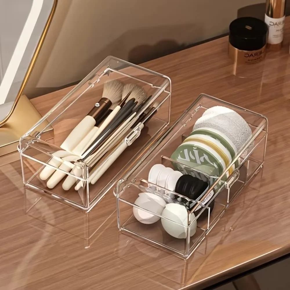 Scatola porta pennelli da trucco impilabile, organizer in acrilico trasparente per spugne da trucco, multifunzionale con coperchio