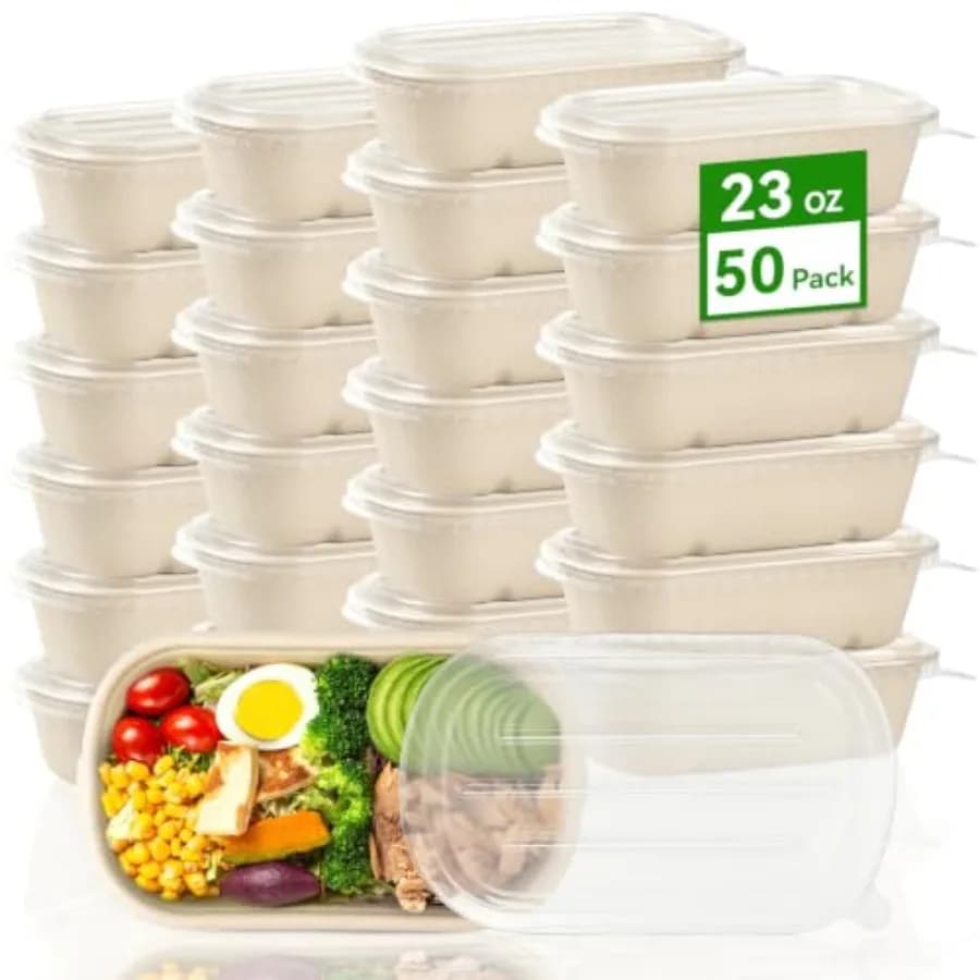 50 Pack 23 oz Disposable Meal Prep Containers, Sugarcane Fiber Paper Salad Bowls with Lids Take Out Food Container for Pasta, B