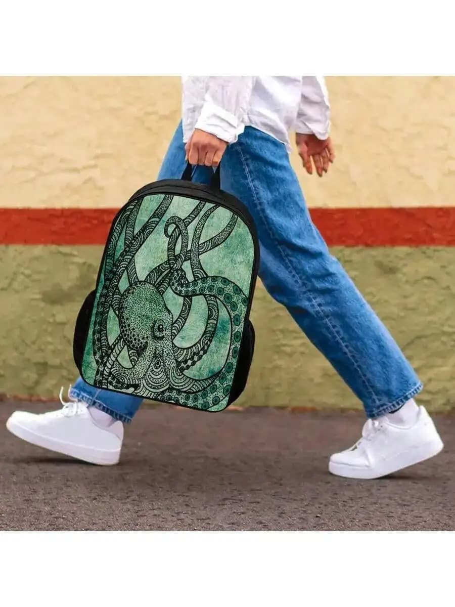 Zaino con stampa polpo da 17 pollici, zaino casual unisex in poliestere con portabottiglie
