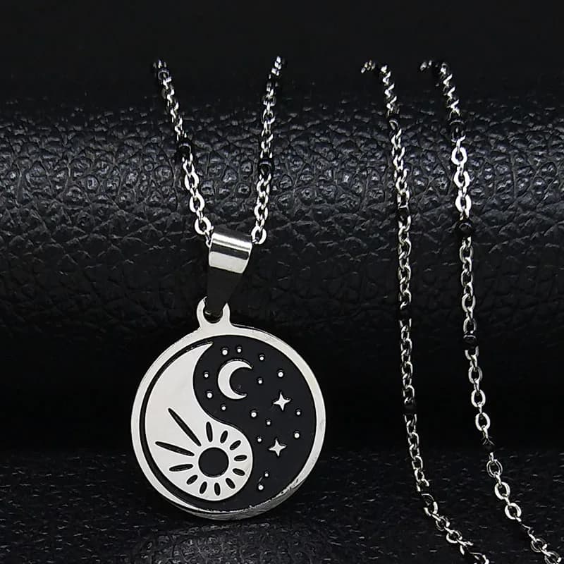 Yin Yang Gossip Sun Moon and Stars Stainless Steel Necklaces Women/Men Black Enamel Charm Necklace Chain Jewelry joyeria N1879