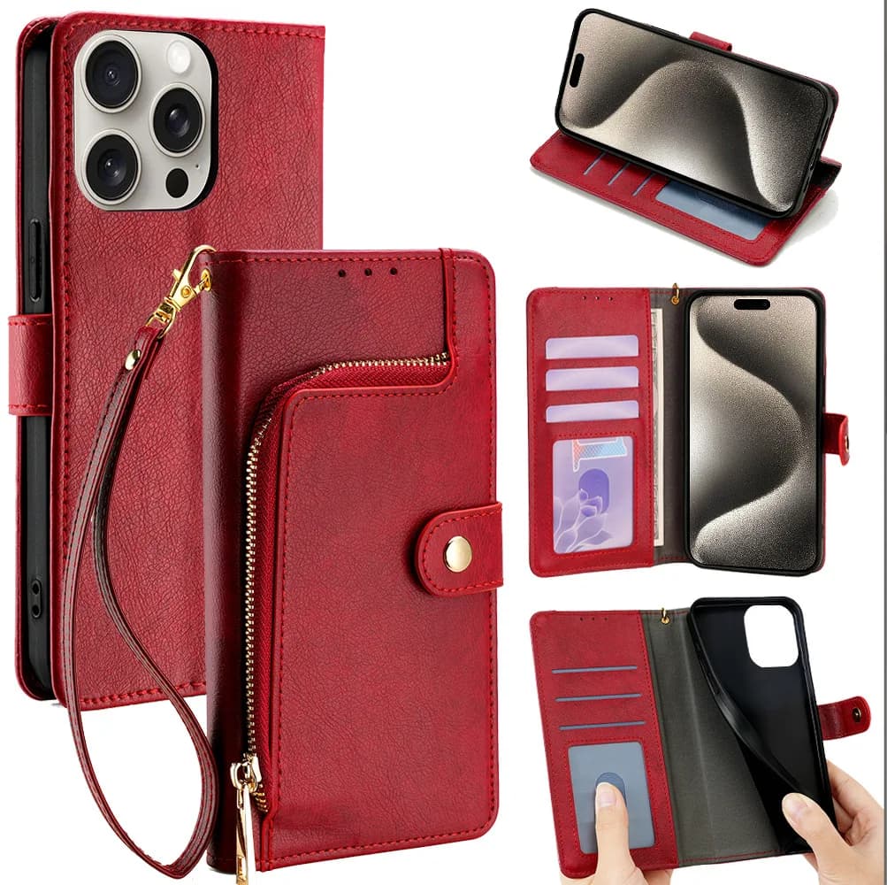 Custodia a Portafoglio con Cerniera e Laccetto da Polso per Xiaomi Poco X7 Pro 5G X6 Neo X5 X4 GT X3 NFC in Pelle con 3 Slot per Carte