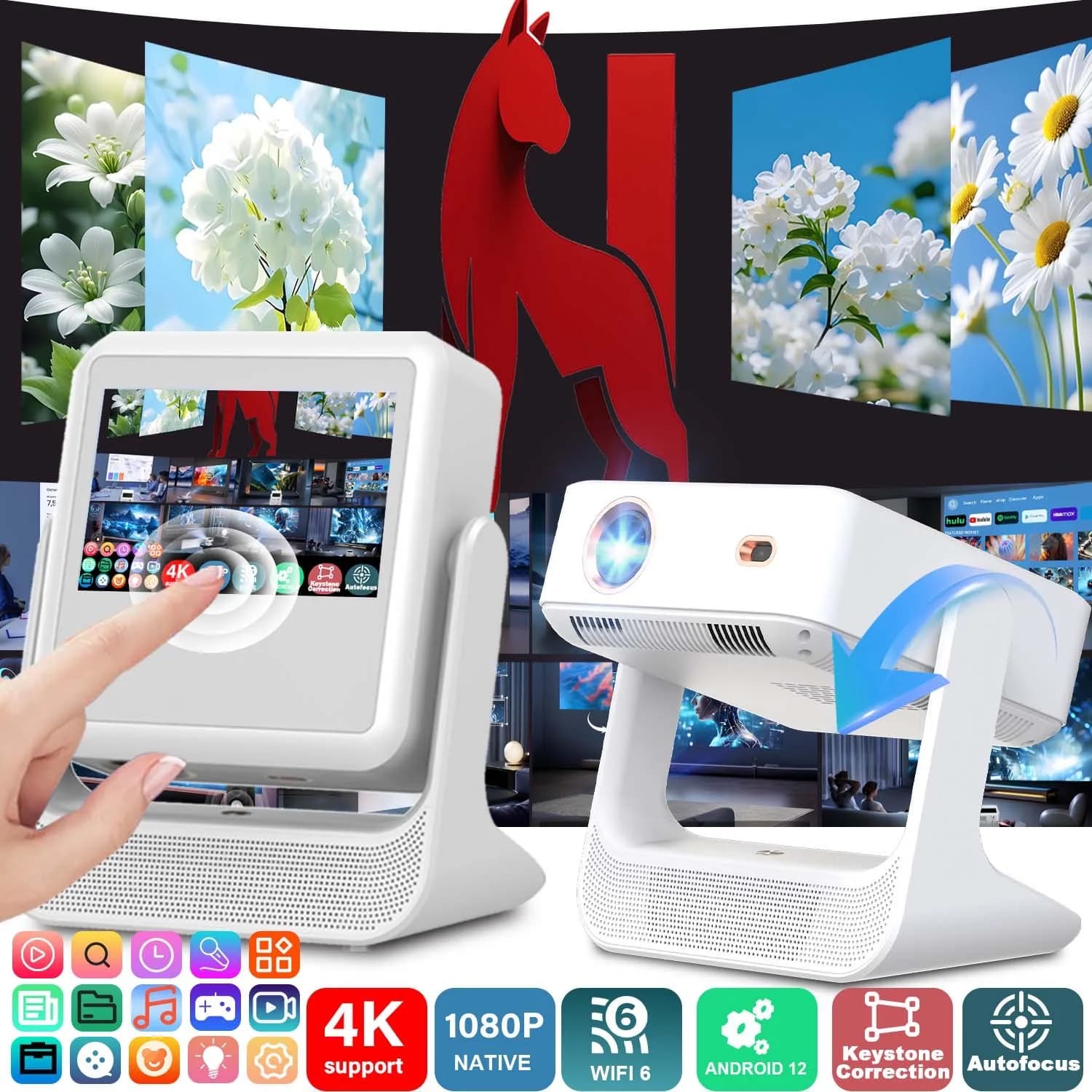 Proiettore A2 Pro 2026 4K 1080P Portatile, Touchscreen da 8'', WiFi Bluetooth, Doppio Schermo HDMI USB, Proiettore per Cinema e Gaming all'Aperto