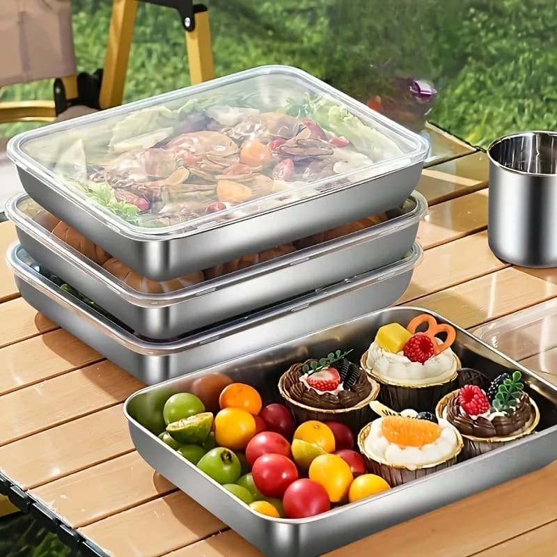 Stainless Steel Food Storage Container Rectangular Picnic Box With Lid Leak-proof Tray For Fridge Market Stall & Outdoor Camping
