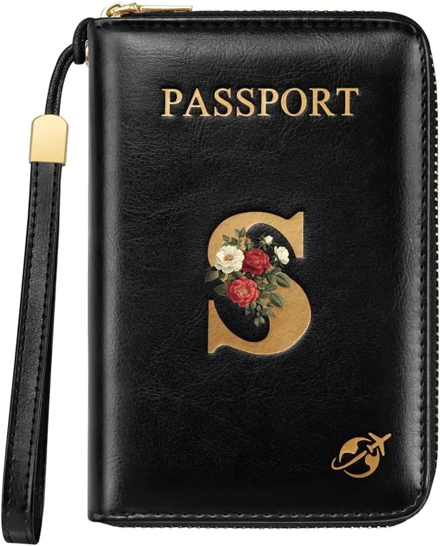 Portafoglio porta passaporto con blocco RFID, personalizzato con lettera iniziale S e fiore rosa, per donna, idea regalo