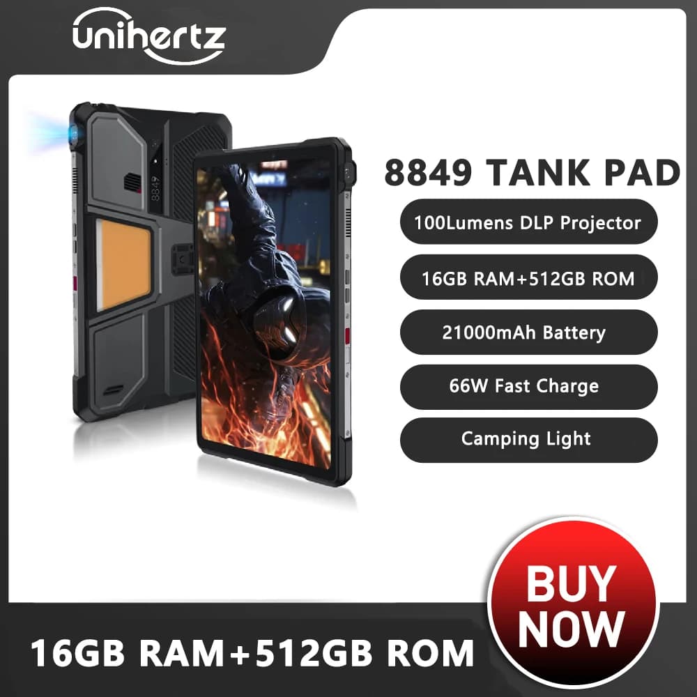 Unihertz 8849 TANK PAD Robusto Proiettore Tablet Smartphone da 10.95 pollici Android 14 120Hz 16GB 512GB 21000mAh 50MP 66W Tablet PC