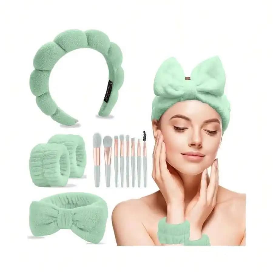 Set di fasce per capelli Puffy Spa con braccialetti e pennelli per il trucco per donna, morbida fascia per capelli in spugna per doccia e lavaggio del viso