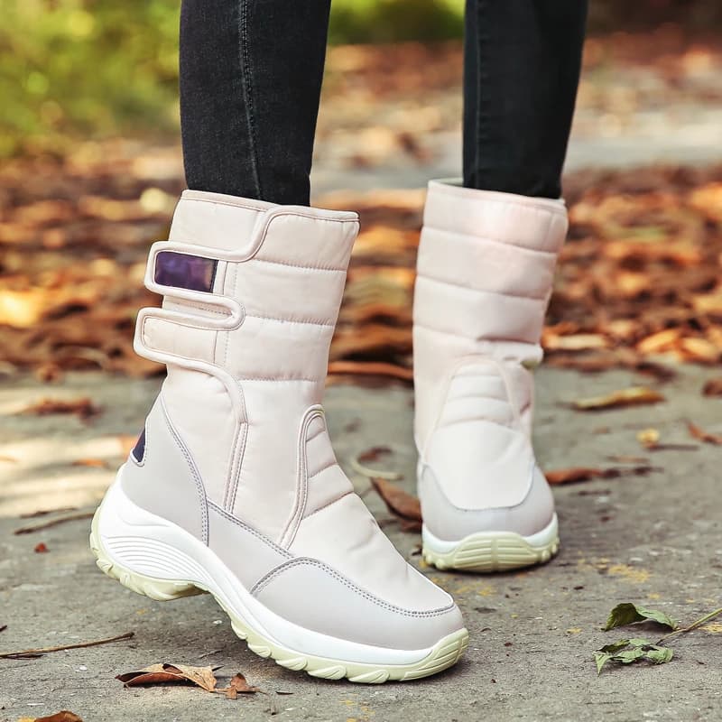 WomenLight Pink Waterproof Puffy Snow Boots Double Velcro Closure Thick Warm Plush Lined Non Slip Platform Winter Mid Calf Boots