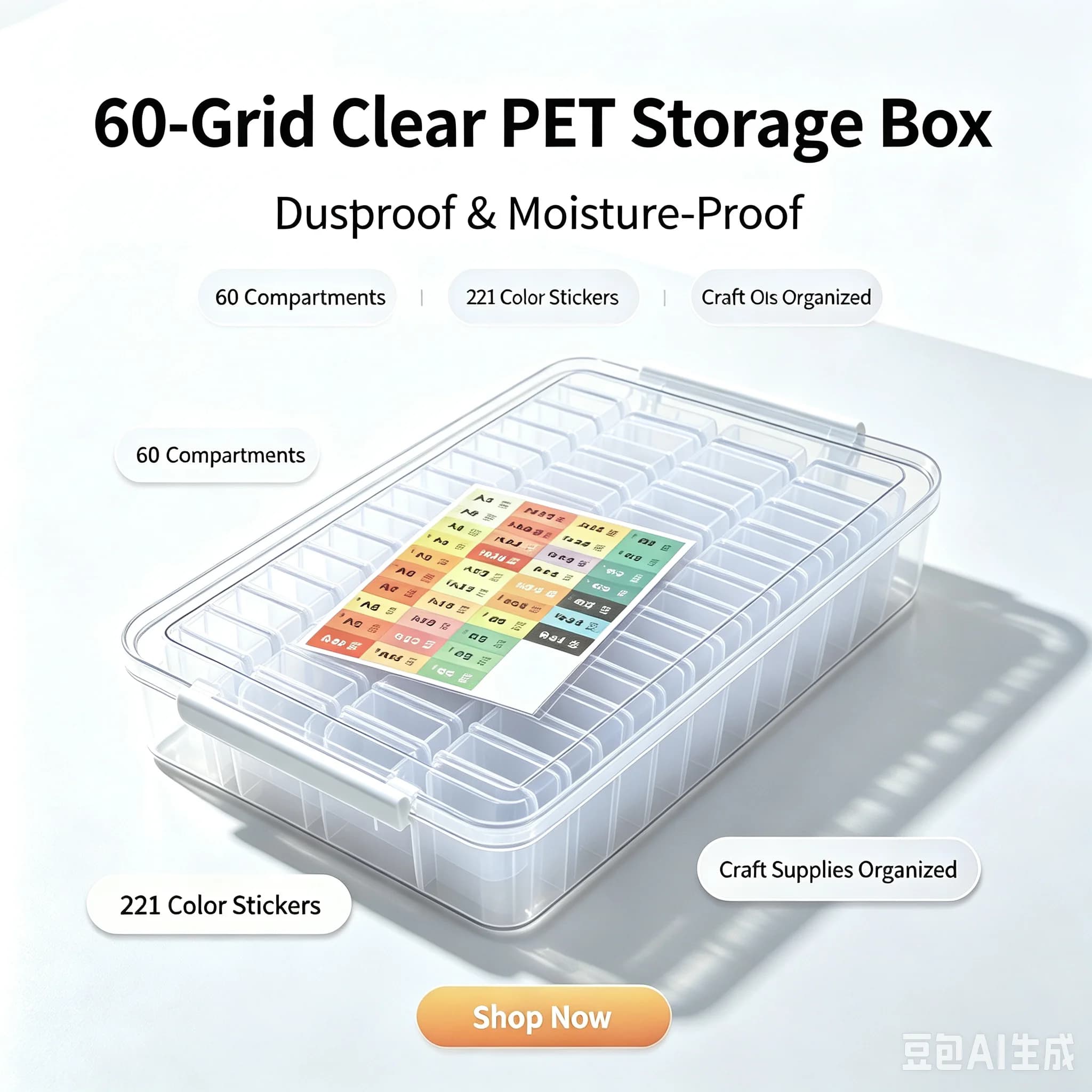 60-Slot Transparent PET Bead Storage Box with Lids Airtight Dustproof Moisture-Resistant Organizer Includes 221 Color Dividers