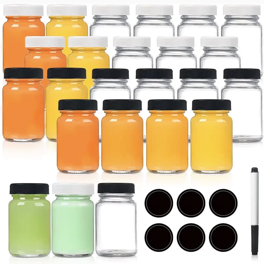 Bottiglie di succo da 2 once da 60 ml con tappi vasetti di vetro con coperchi per colpi di zenzero, succhi, mini bottiglie da viaggio con olio essenziale con coperchi