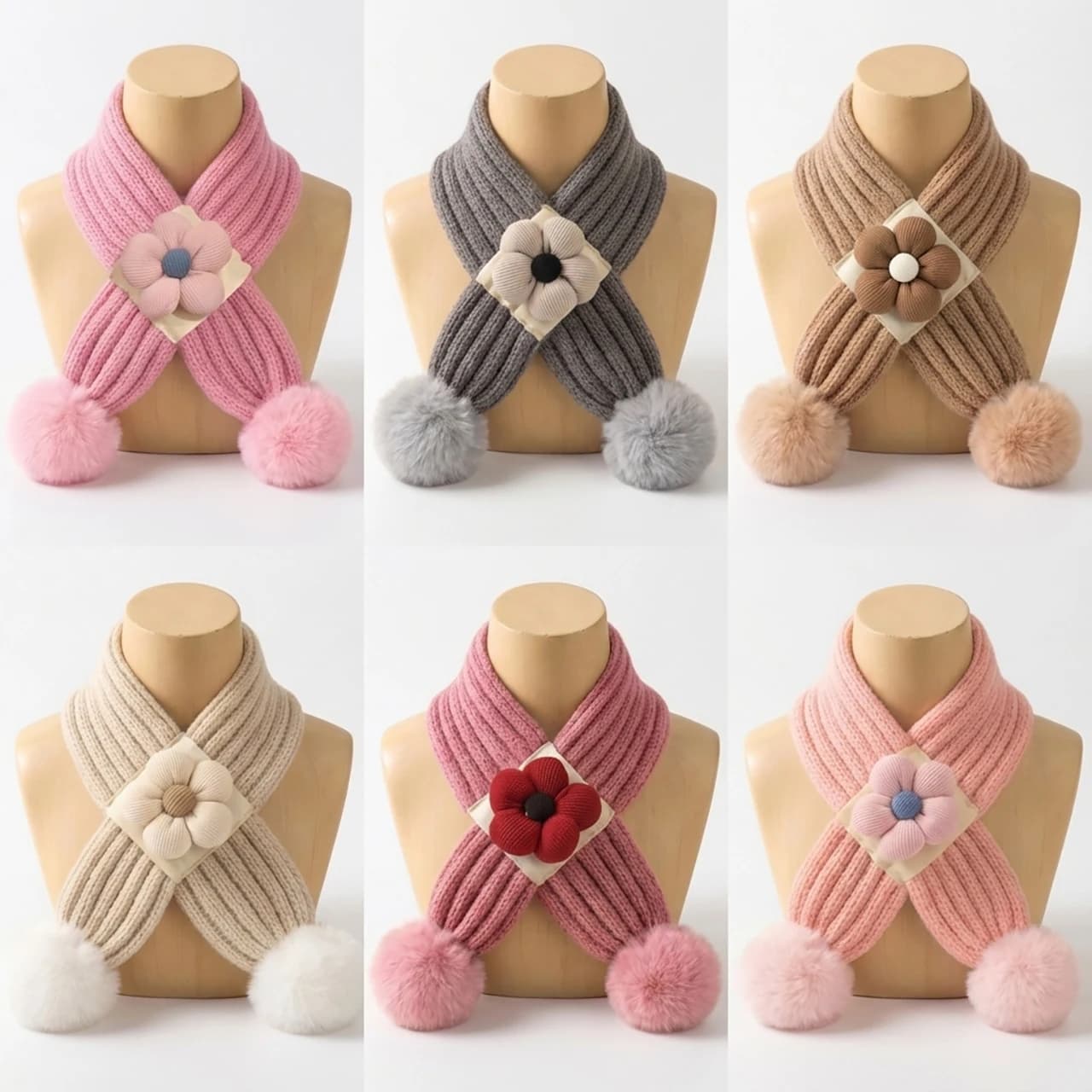 Cute Flower Pompom Scarf for Baby Cross Neckerchief Solid Color Woolen Knitted Scarves 0-3Year Boys Girls Winter Warm Neck Cover