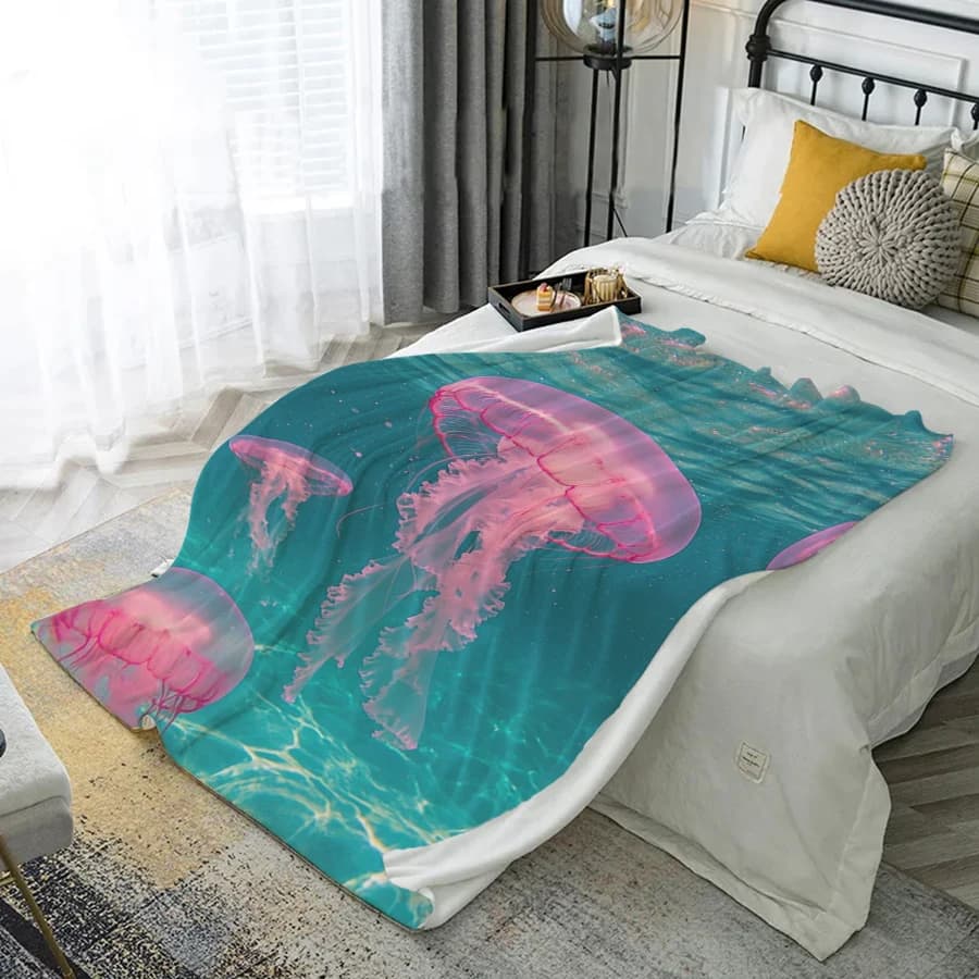 Coperta in flanella in microfibra con motivo meduse rosa, camera da letto, soggiorno, divano, decorazione domestica morbida e confortevole
